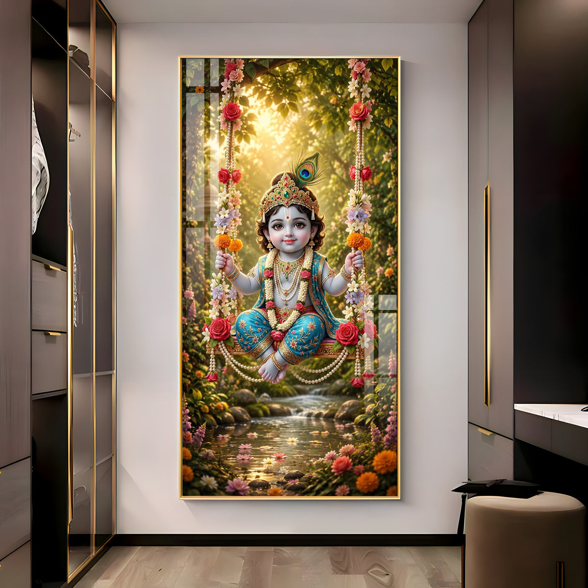 Divine Bal Krishna In Jhula Premium Acrylic Vertical Wall Art