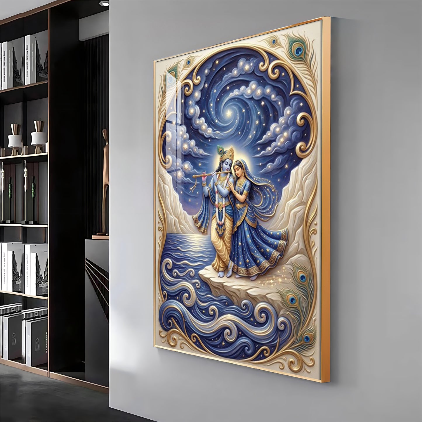 Radha Krishna Moonlit Dance Premium Acrylic Vertical Wall Art
