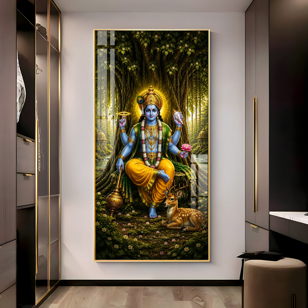 Divine Lord Vishnu In Forest Premium Acrylic Vertical Wall Art