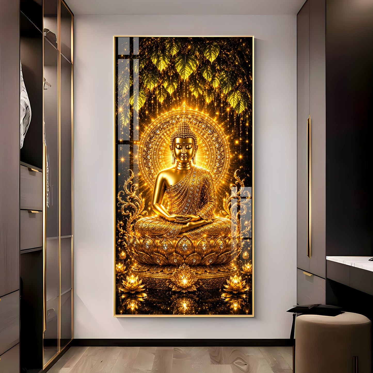 Golden Meditating Buddha Premium Acrylic Vertical Wall Art