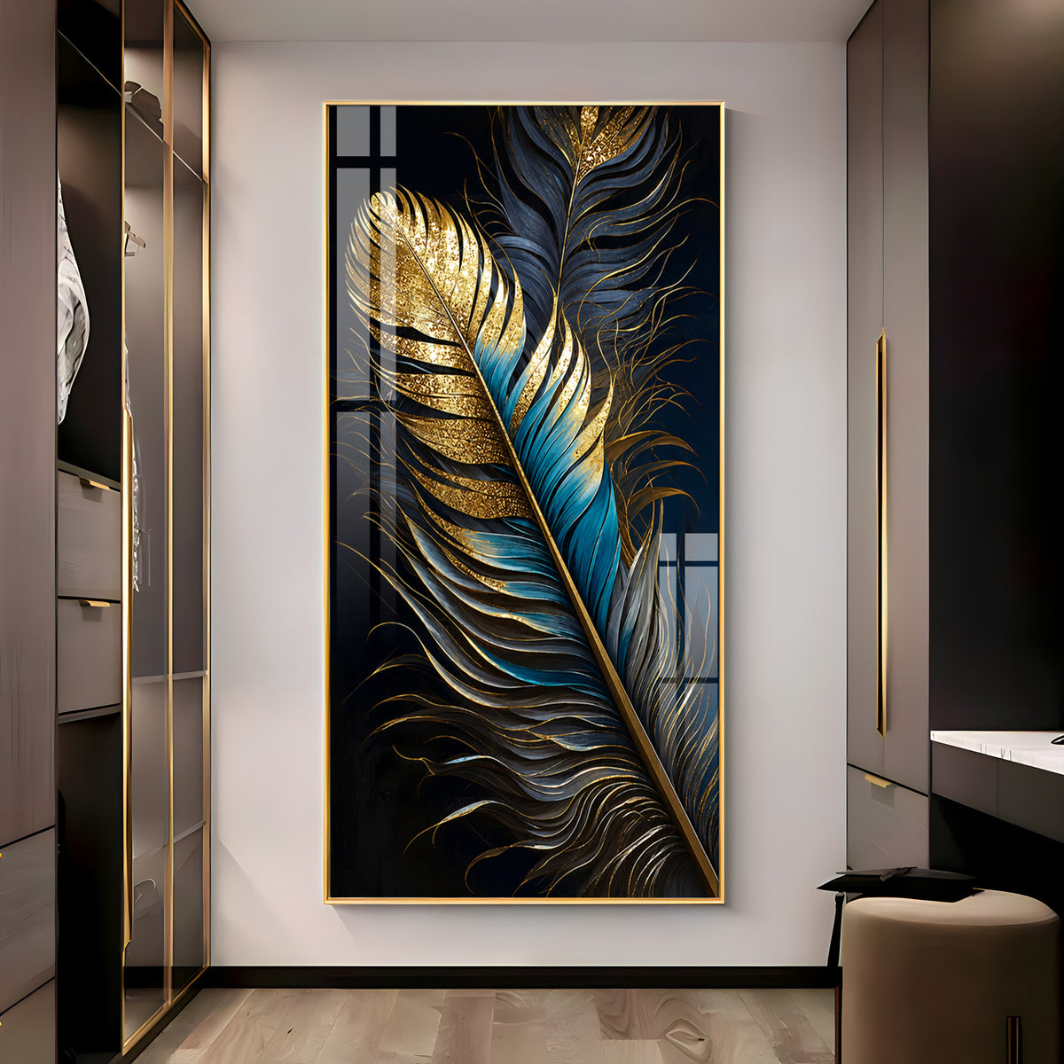 Luxurious Golden & Blue Feathers Premium Acrylic Vertical Wall Art