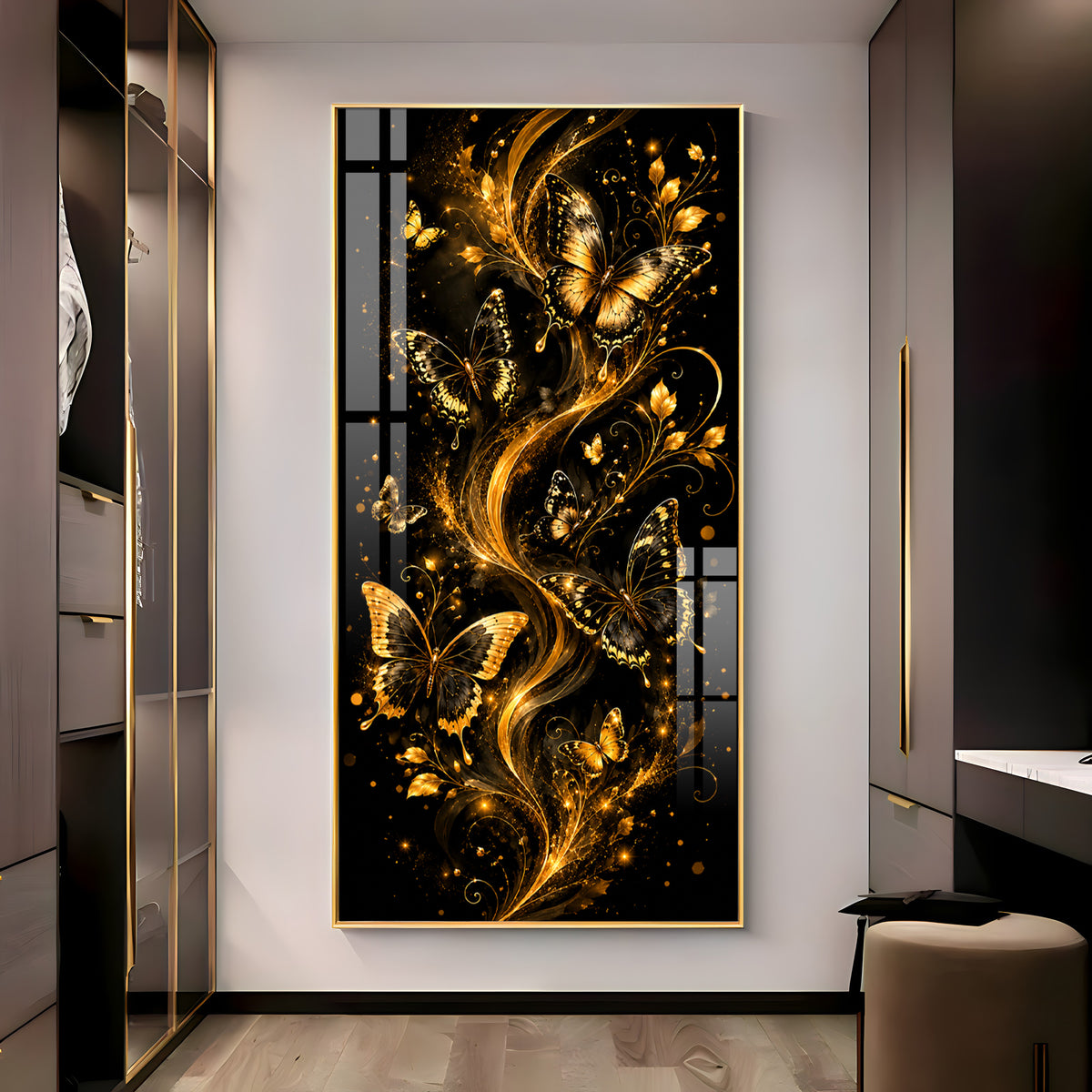 Graceful Golden Butterflies & Floral Swirls Premium Acrylic Vertical Wall Art