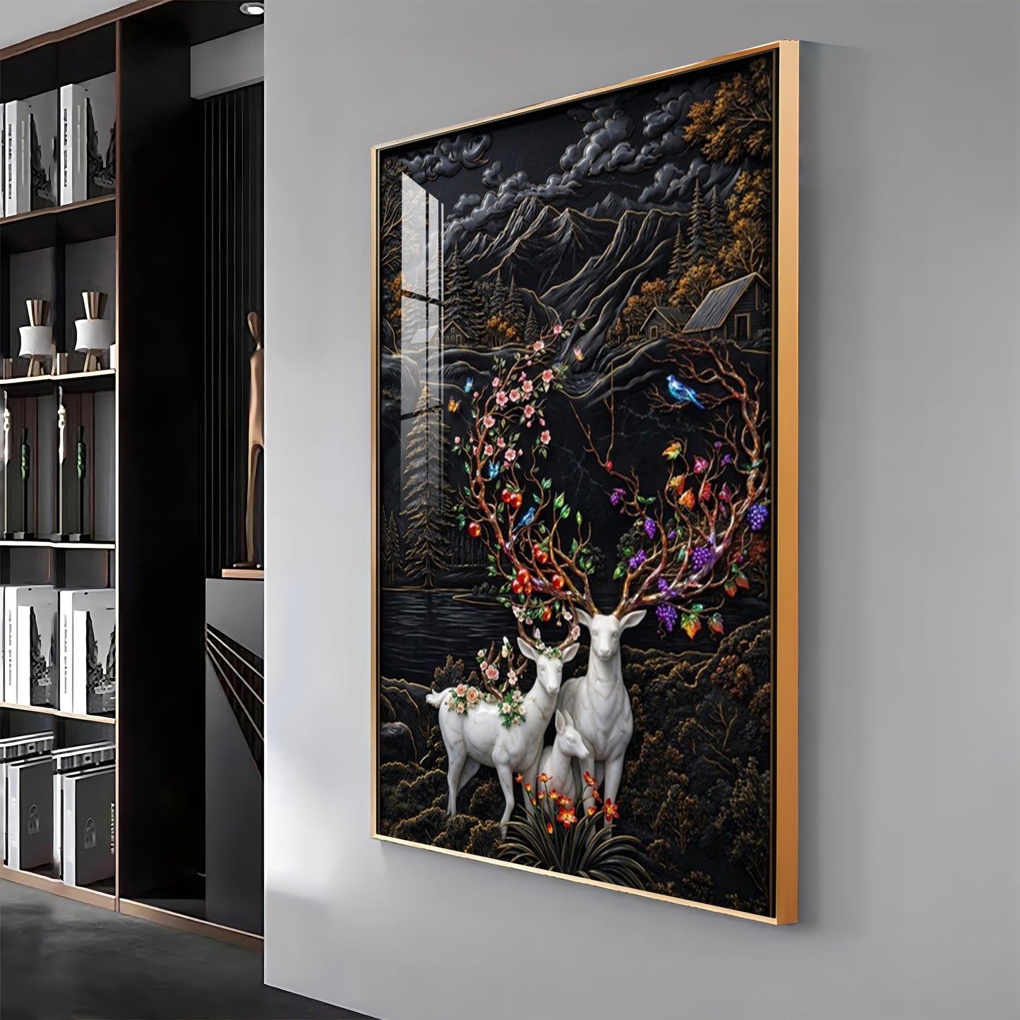 White Deer With Colorful Floral Premium Acrylic Vertical Wall Art