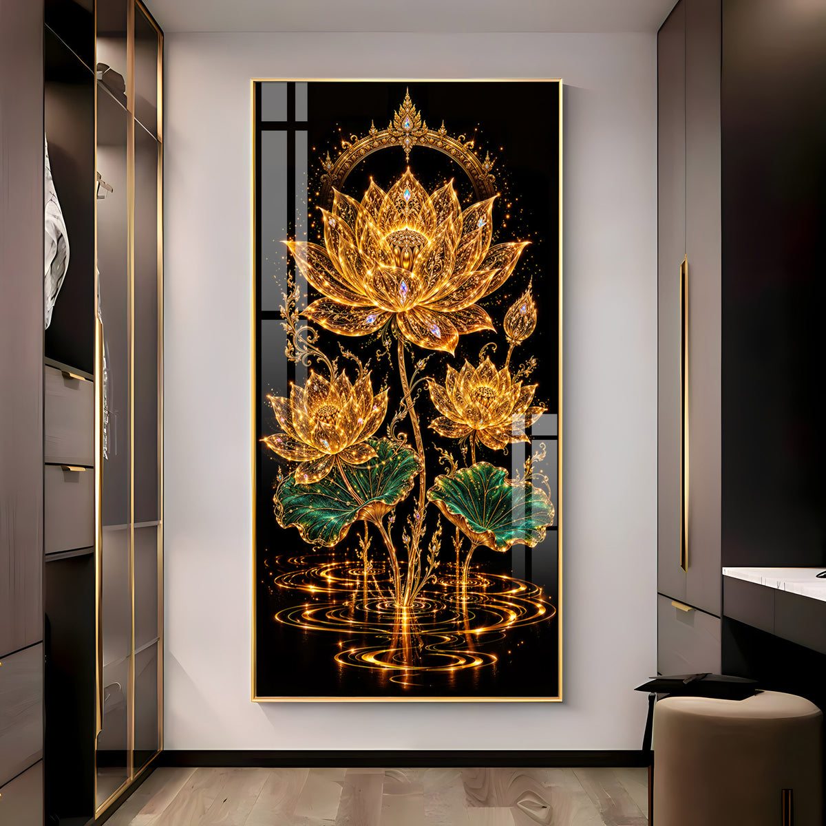 Sacred Golden Lotus Bloom Premium Acrylic Vertical Wall Art