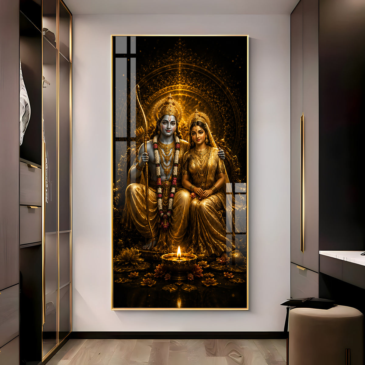 Divine Lord Rama & Sita Golden Premium Acrylic Vertical Wall Art