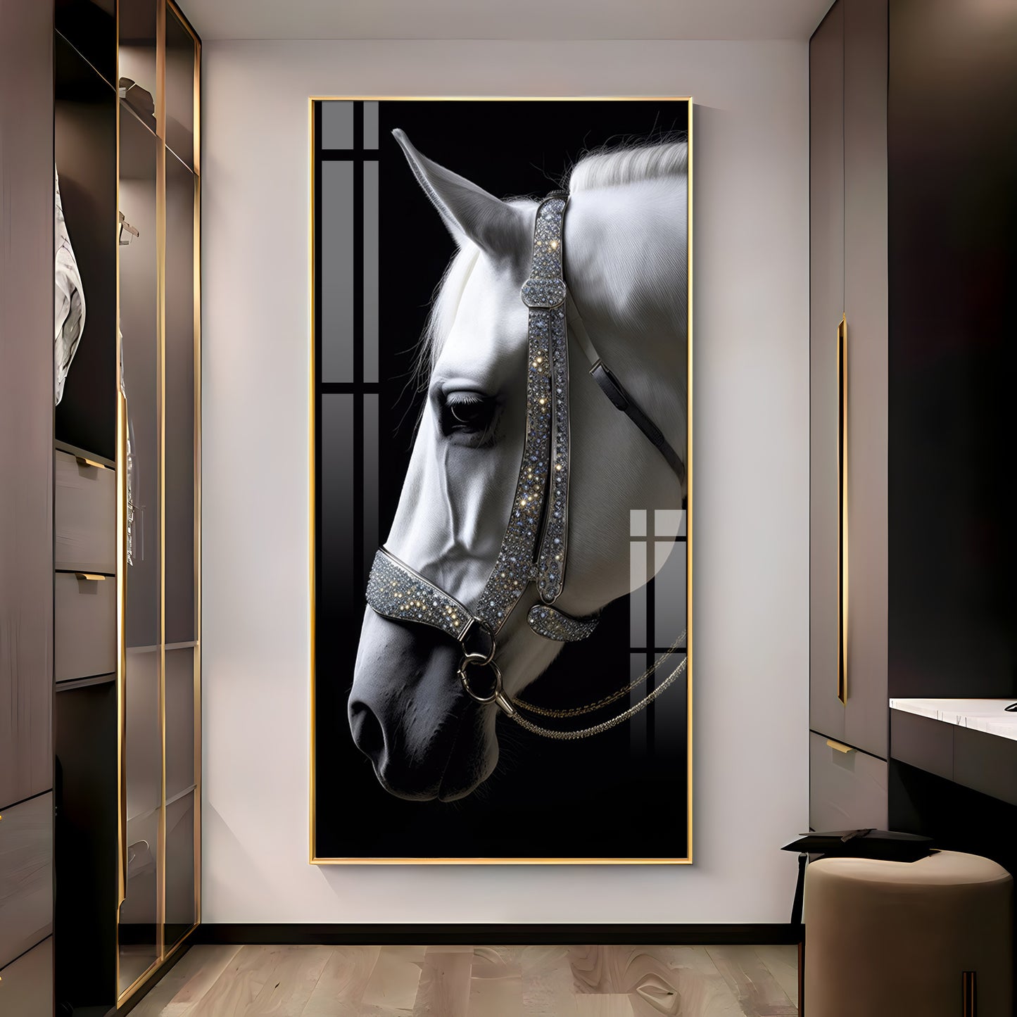 White Horse With Black Background Premium Acrylic Vertical Wall Art