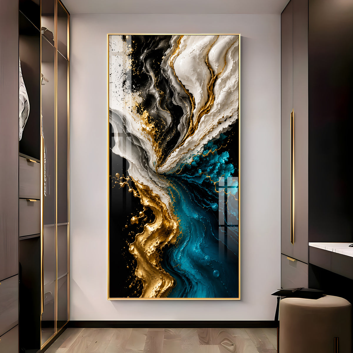 Abstract Fluid Liquid Marble & Gold Splash Premium Acrylic Vertical Wall Art