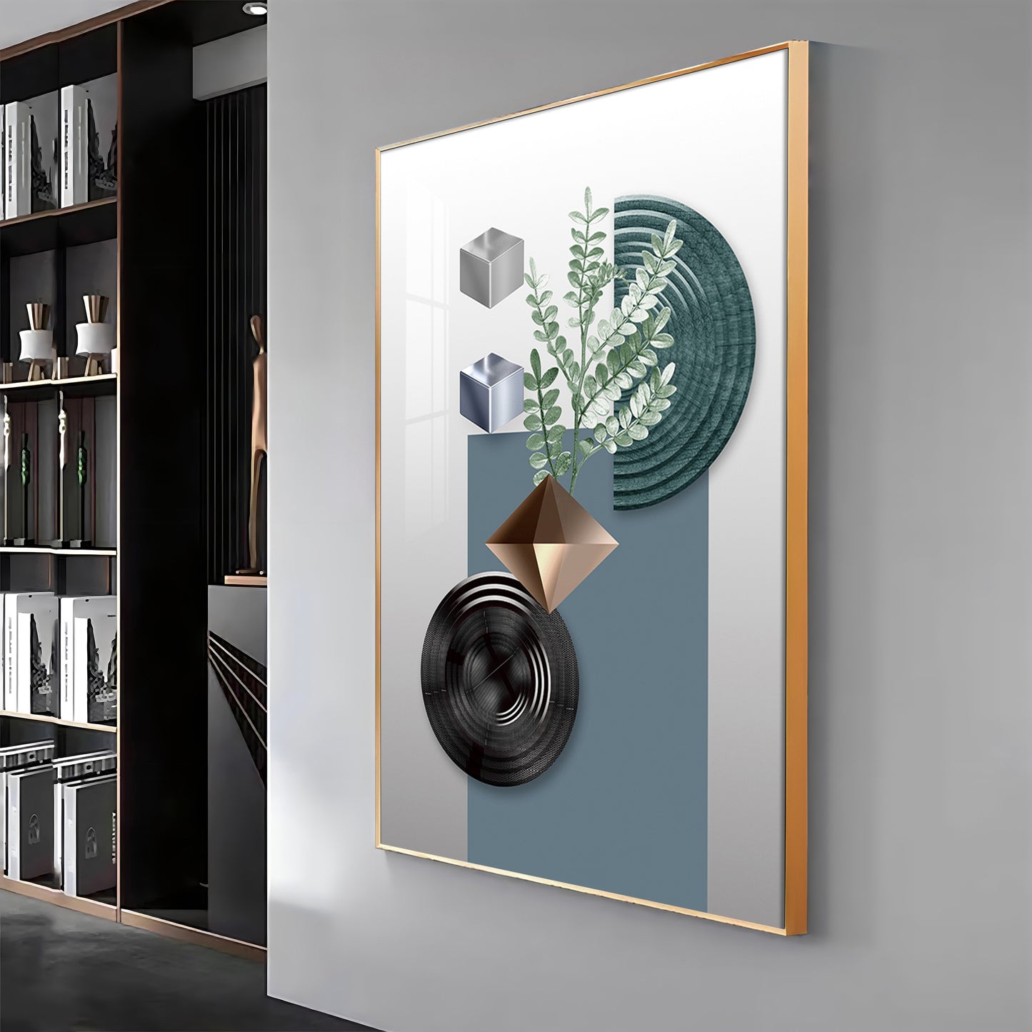 Geometric Art With Leafs Premium Acrylic Vertical Wall Art
