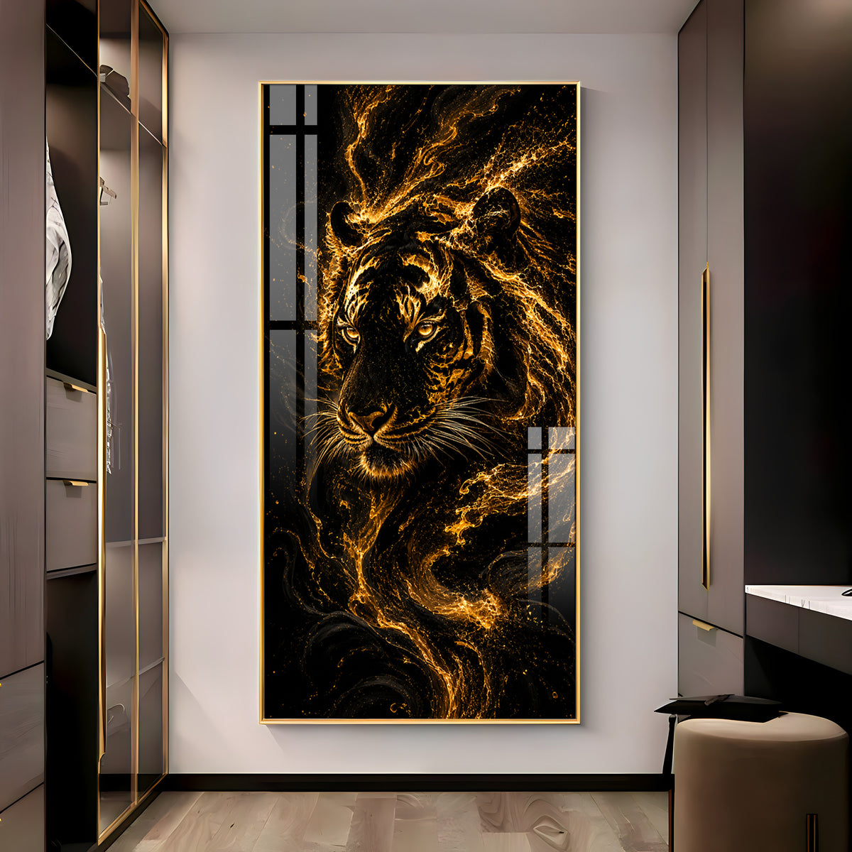 Majestic Golden Fire Tiger Premium Acrylic Vertical Wall Art
