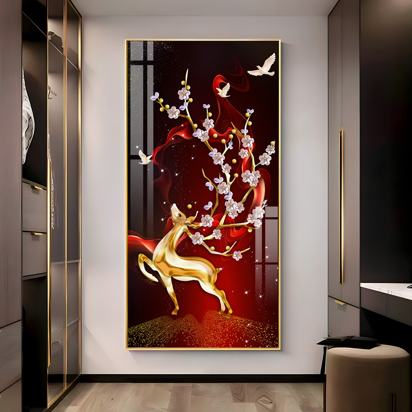 Golden Deer With Red Background Premium Acrylic Vertical Wall Art
