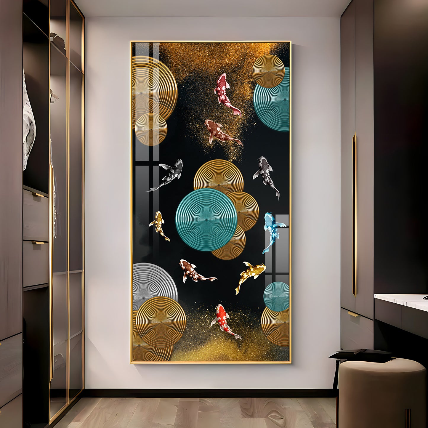 Abstract Rings & Goldfish Premium Acrylic Vertical Wall Art