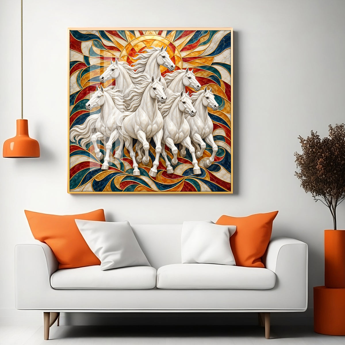 Seven Galloping White Horses Premium Acrylic Square Wall Art