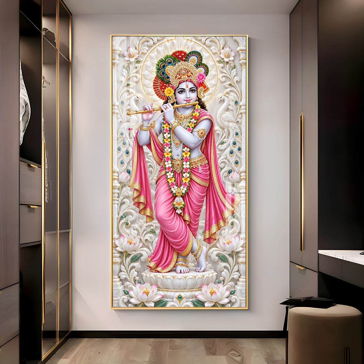 Krishna In Pink Dress Premium Acrylic Vertical Wall Art