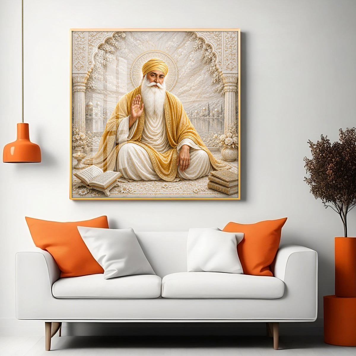 Guru Nanak Devji In Golden Shawl Premium Acrylic Square Wall Art