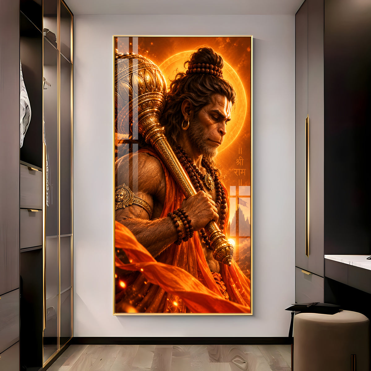 Hanuman With Golden Gada Premium Acrylic Vertical Wall Art