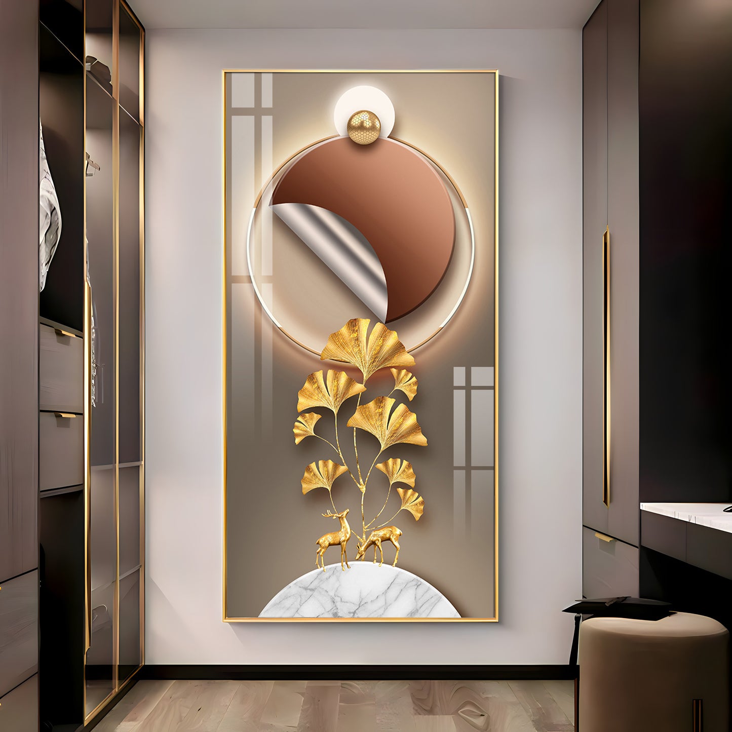 Golden Deer & Ginkgo Leaves Premium Acrylic Vertical Wall Art