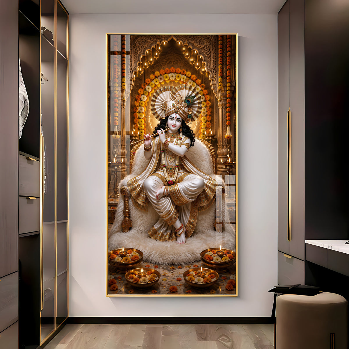 Sacred Lord Krishna Flute Playing Divine Sanctuary Premium Acrylic Vertical Wall Art