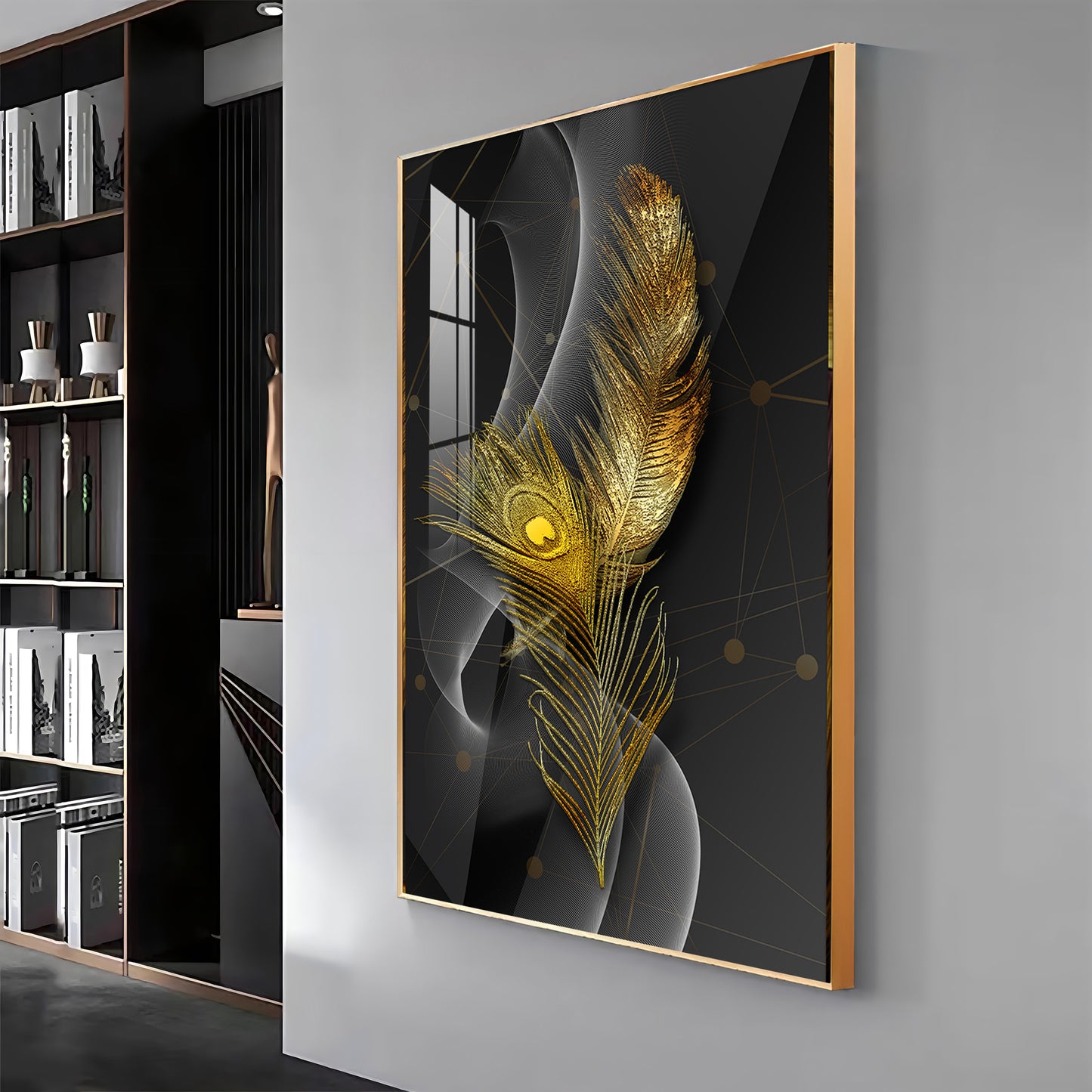 Golden Elegance Feather Premium Acrylic Vertical Wall Art