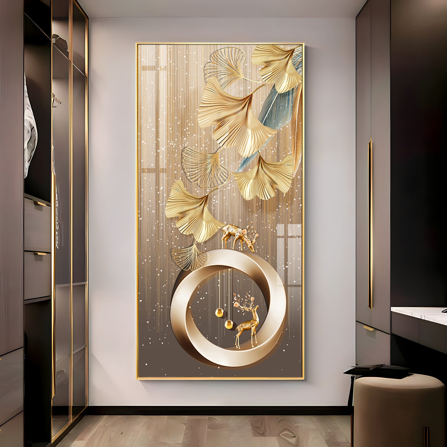 Golden Deer With Leaf Premium Acrylic Vertical Wall Art