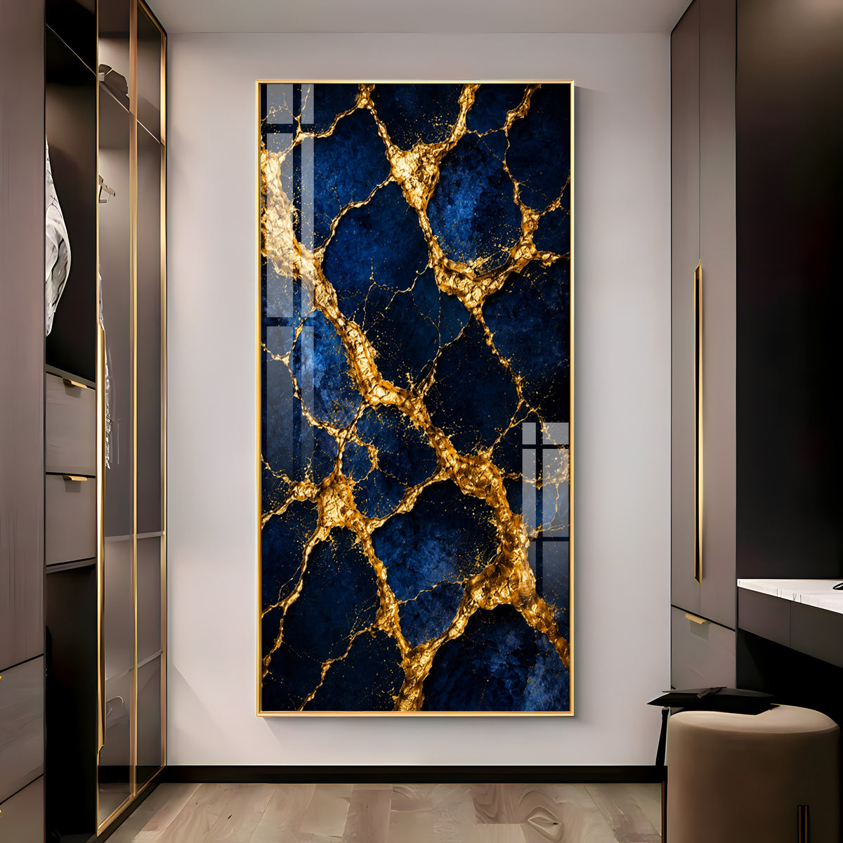 Luxurious Blue & Gold Cracked Marble Premium Acrylic Vertical Wall Art