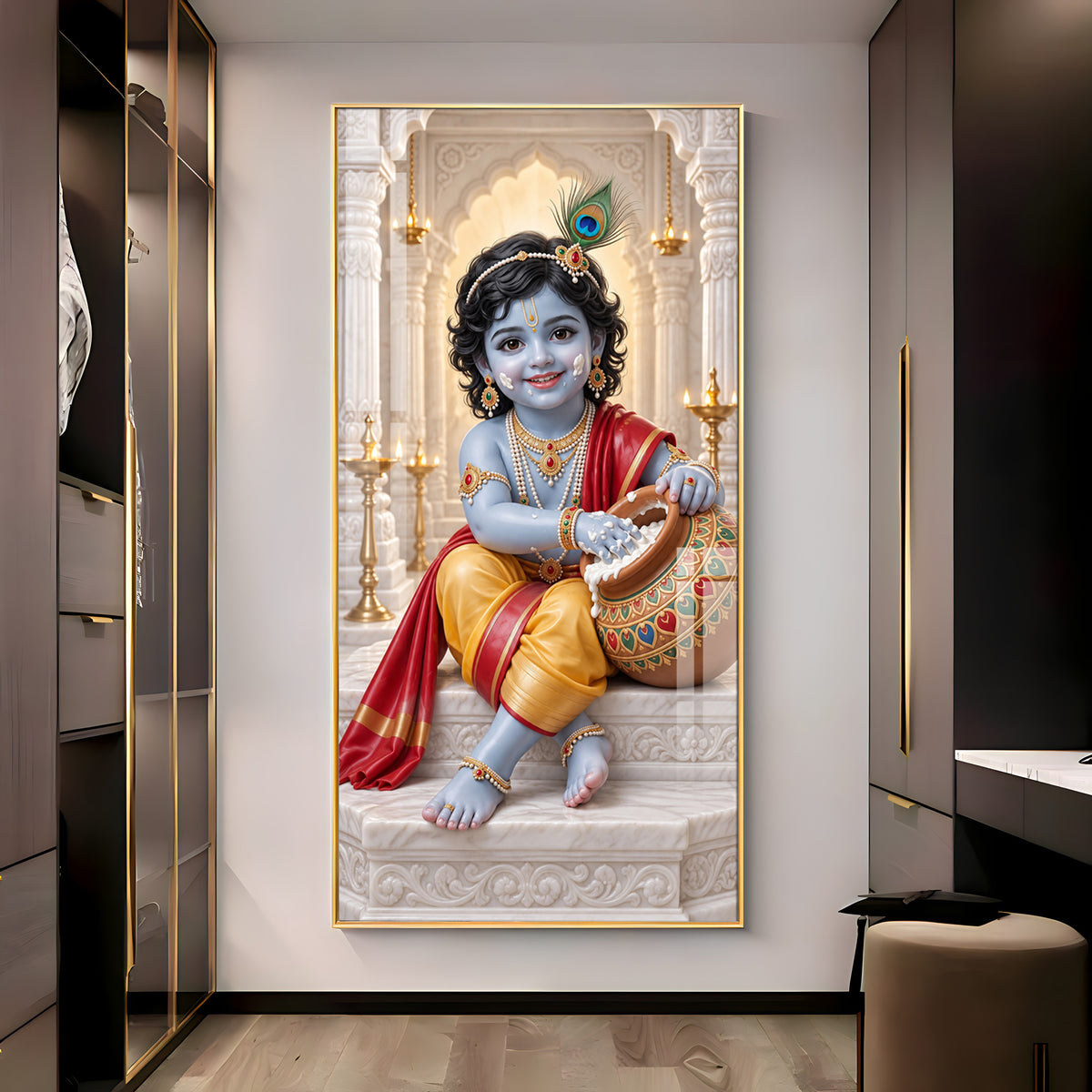 Little Krishna With Makhan Matki Premium Acrylic Vertical Wall Art