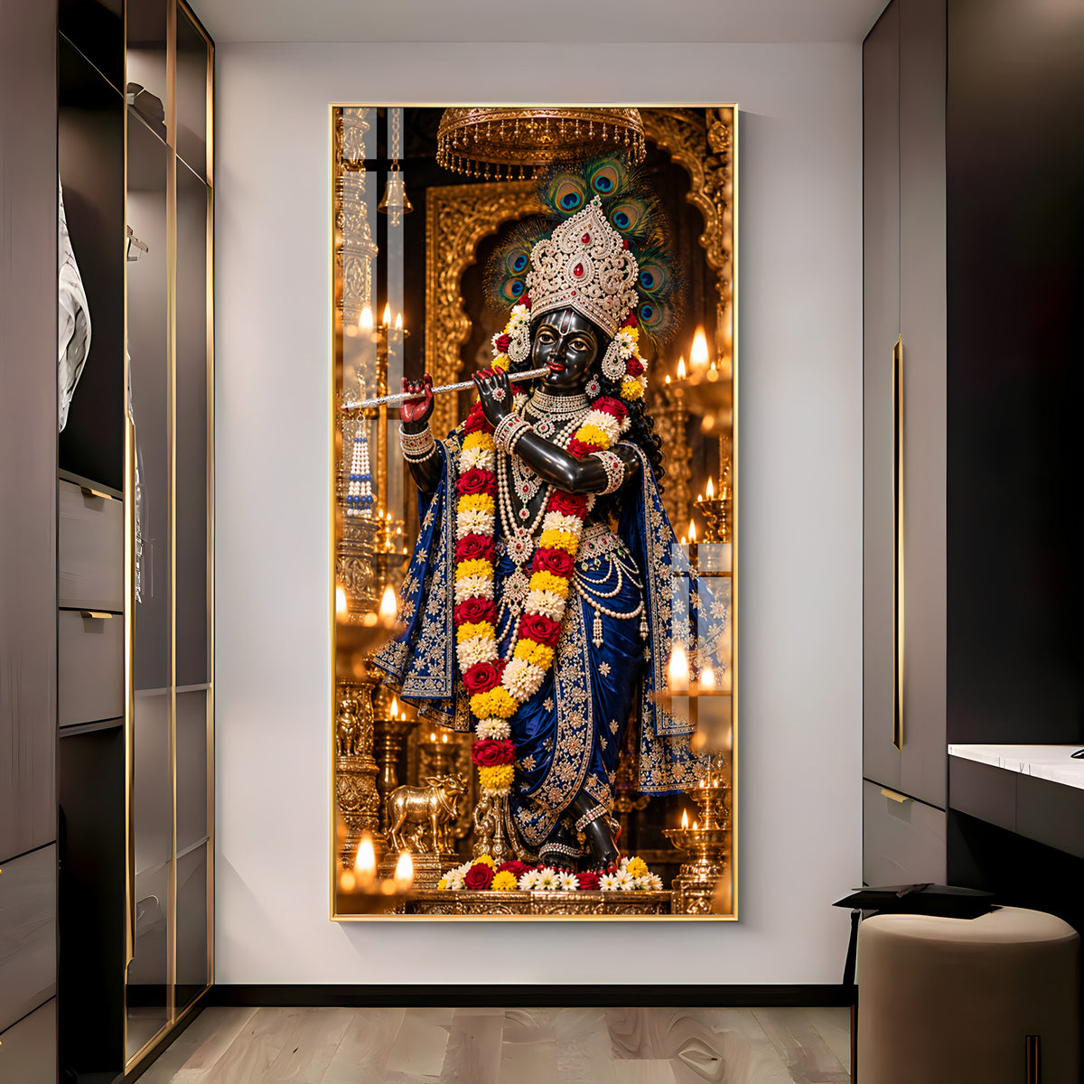 Krishna with Flute in Sanctuary Premium Acrylic Vertical Wall Art
