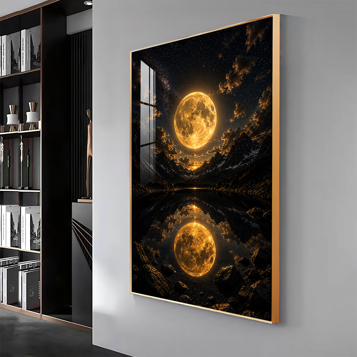 Luminous Supermoon & Mountain Lake Reflection Premium Acrylic Vertical Wall Art