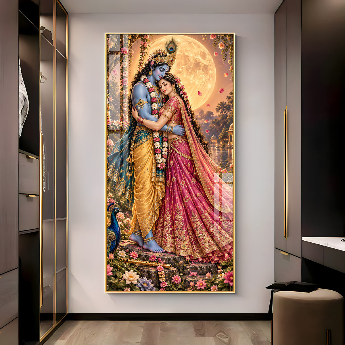 Shri Krishna and Radha in Night Glow Premium Acrylic Vertical Wall Art