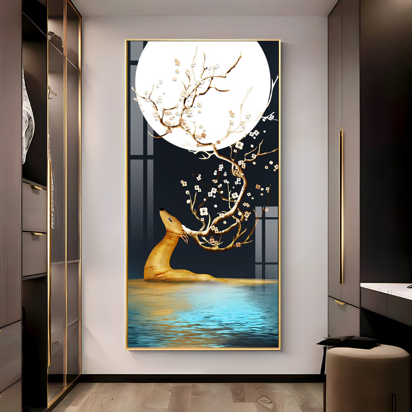 Golden Deer With Full Moon Premium Acrylic Vertical Wall Art