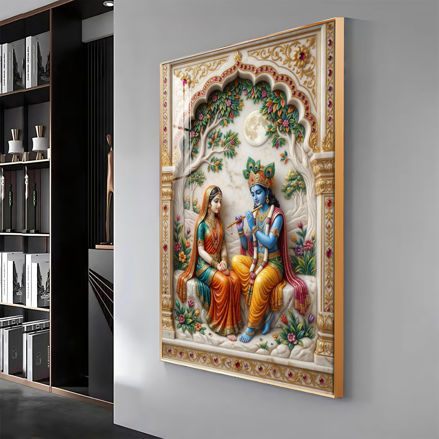 Depiction Of Krishna With Radha Premium Acrylic Vertical Wall Art