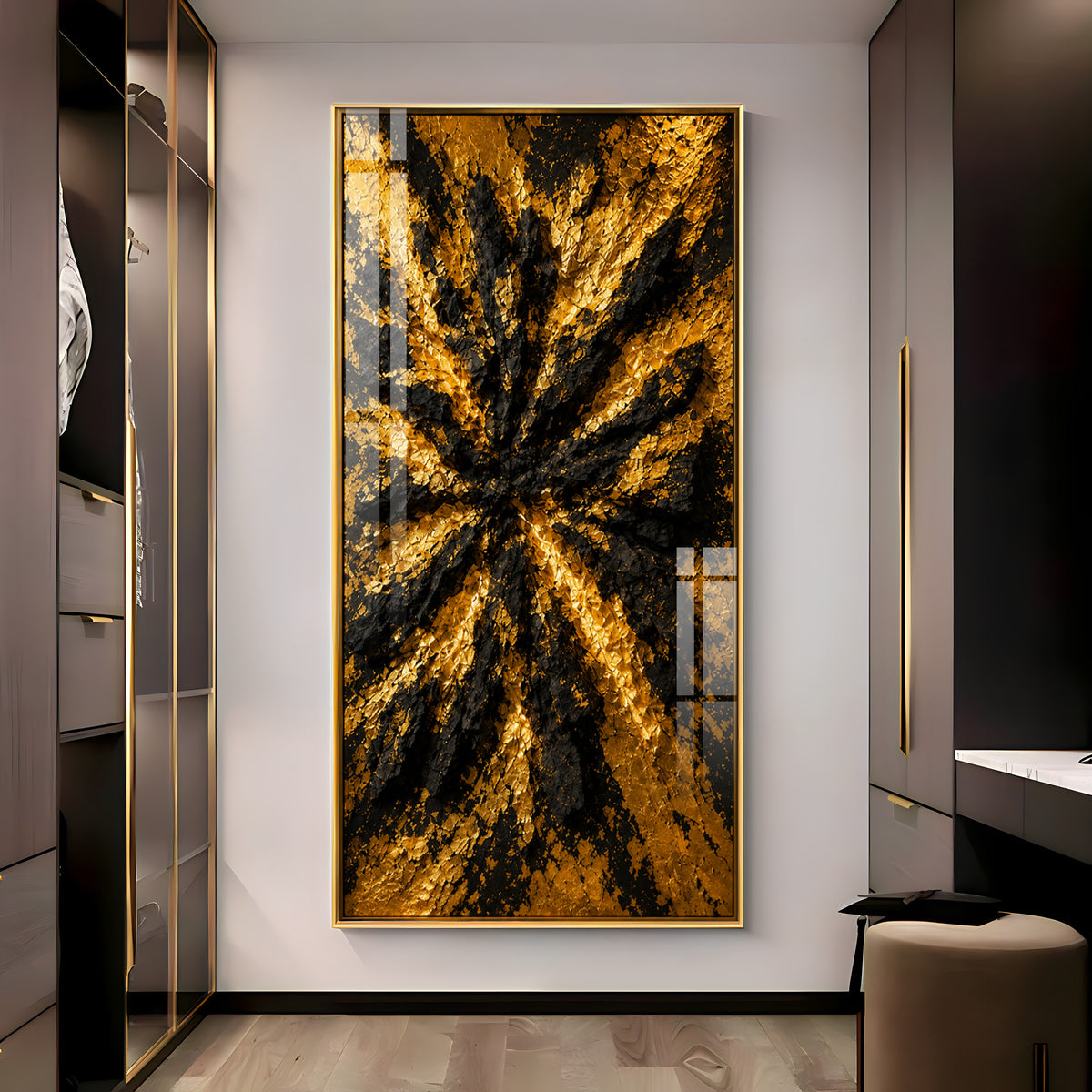 Abstract Textured Black & Gold Burst Premium Acrylic Vertical Wall Art