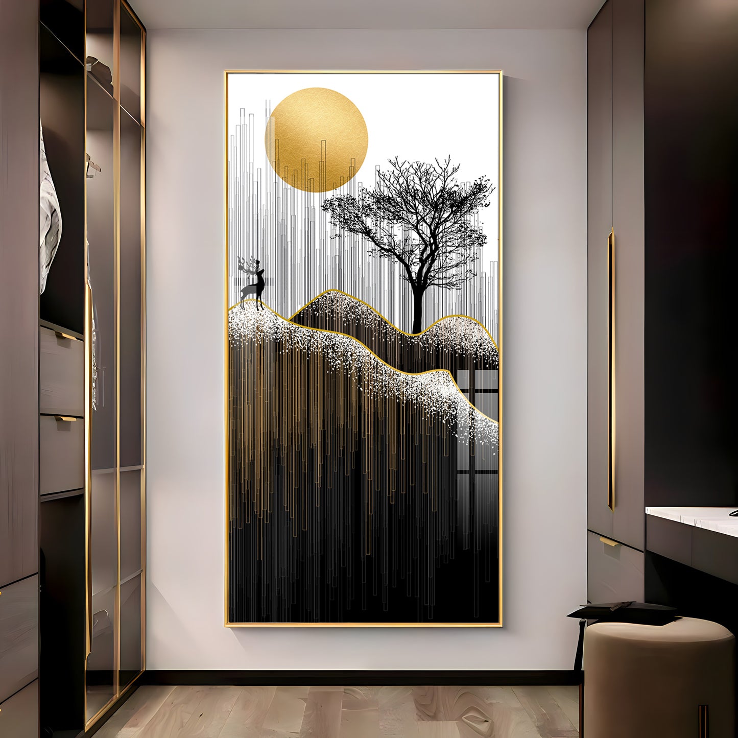 Gold Moon Stylized Black Tree Premium Acrylic Vertical Wall Art