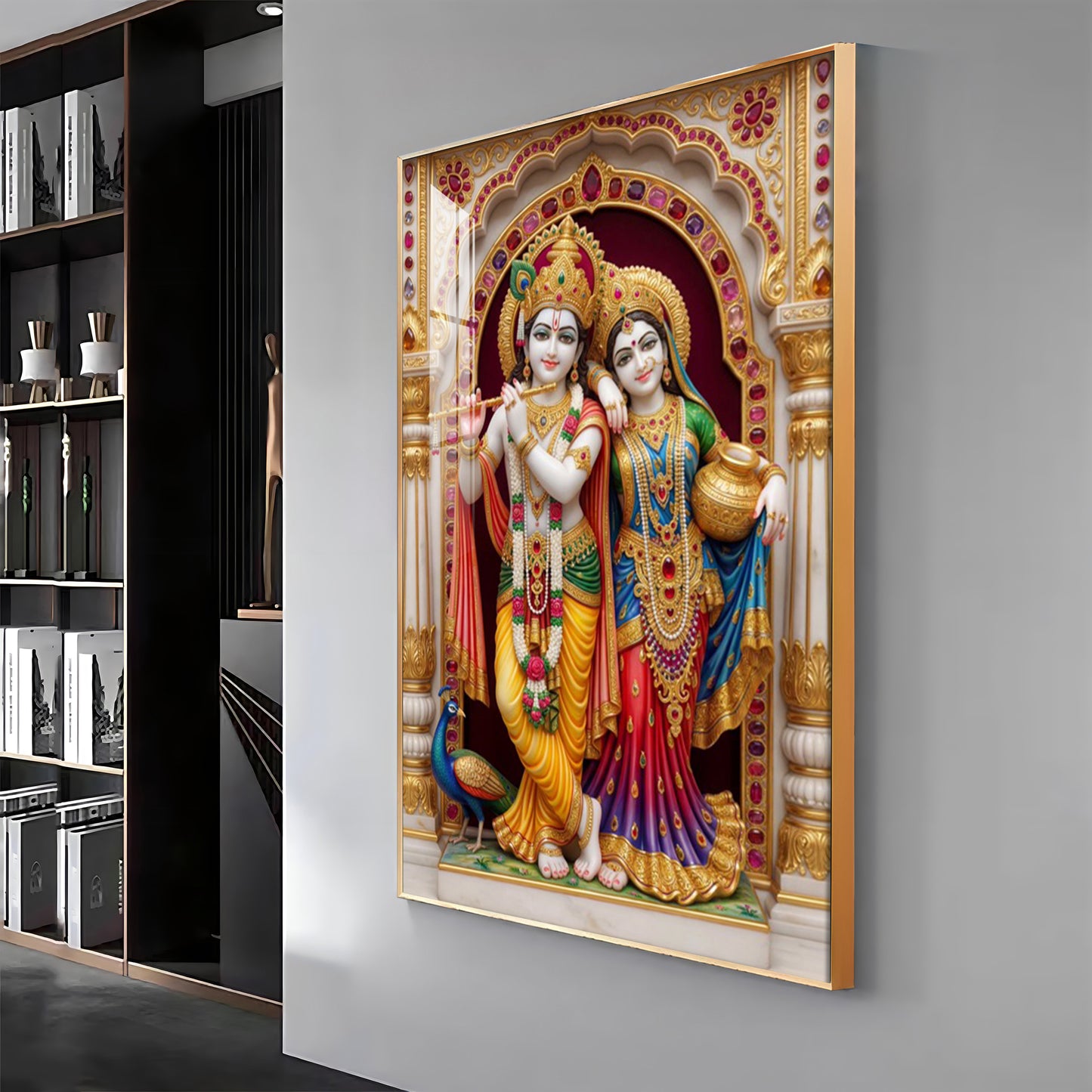Majestic Harmony Of Radha Krishna Premium Acrylic Vertical Wall Art