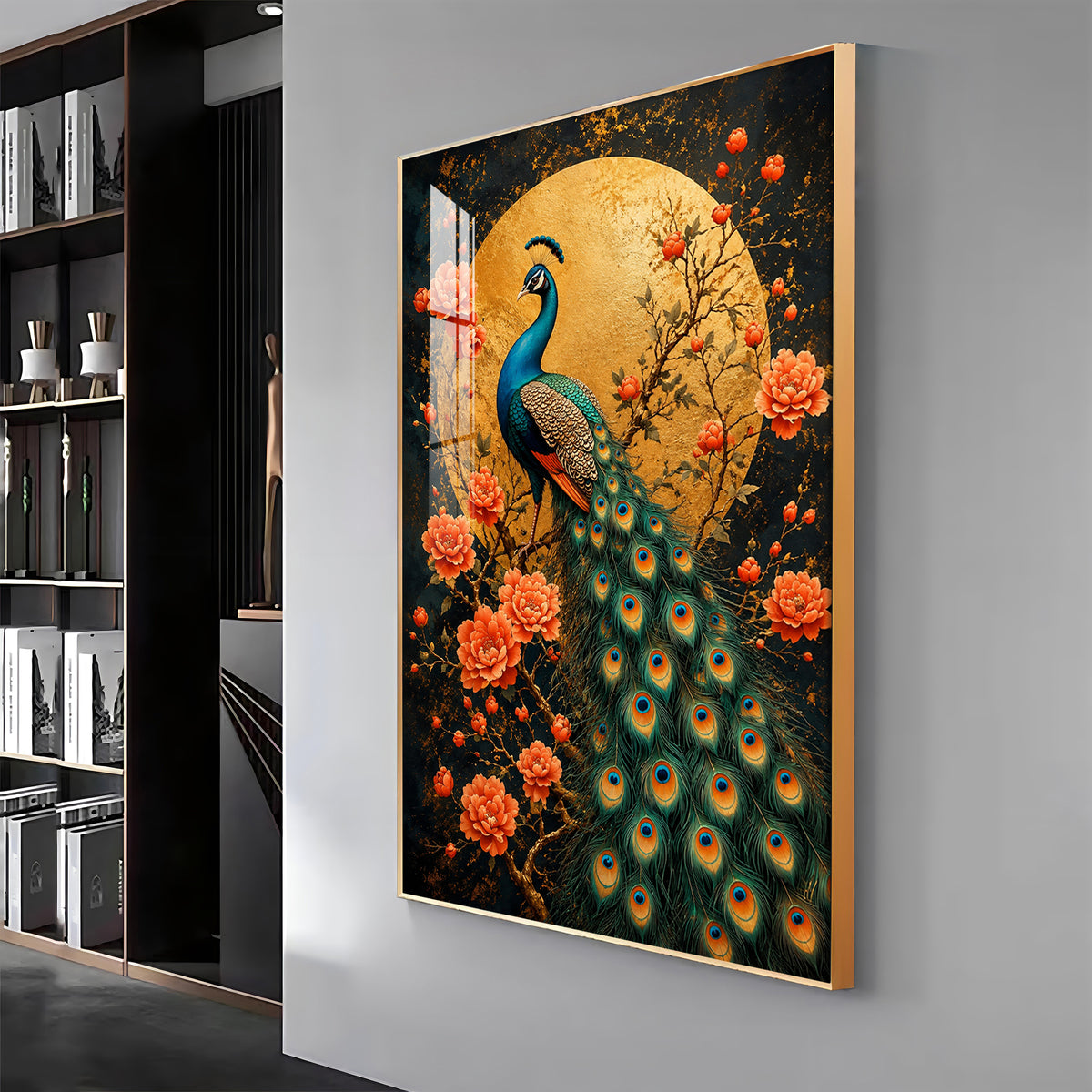 Golden Moon Peacock Premium Acrylic Vertical Wall Art