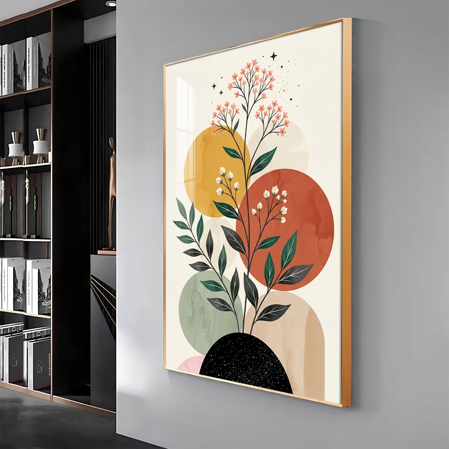 Floral Against Muted Circular Shapes Premium Acrylic Vertical Wall Art