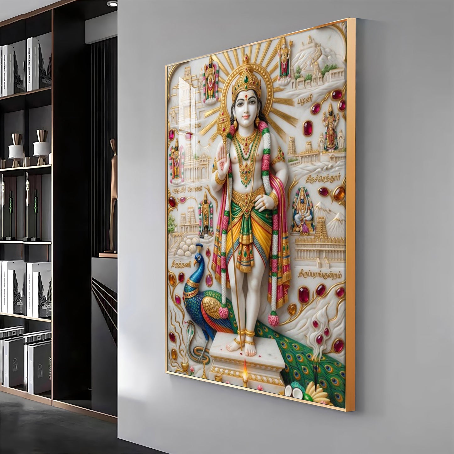 Lord Kartikeya With Peacock Premium Acrylic Vertical Wall Art