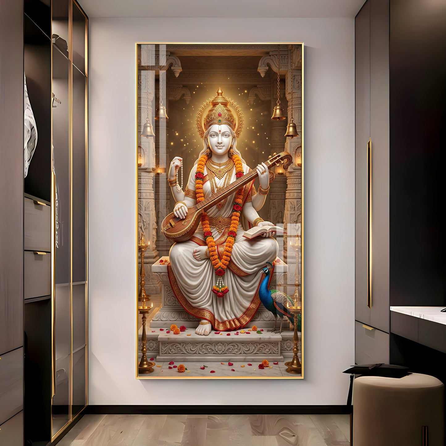 Divine Harmony Of Saraswati Maa Premium Acrylic Vertical Wall Art