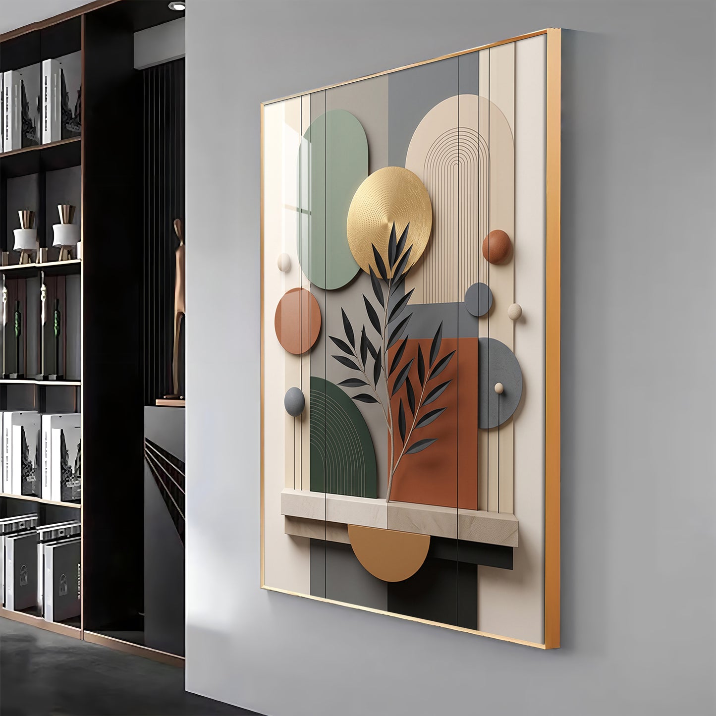 Modern Geometric Abstract with Gold Disc Premium Acrylic Vertical Wall Art