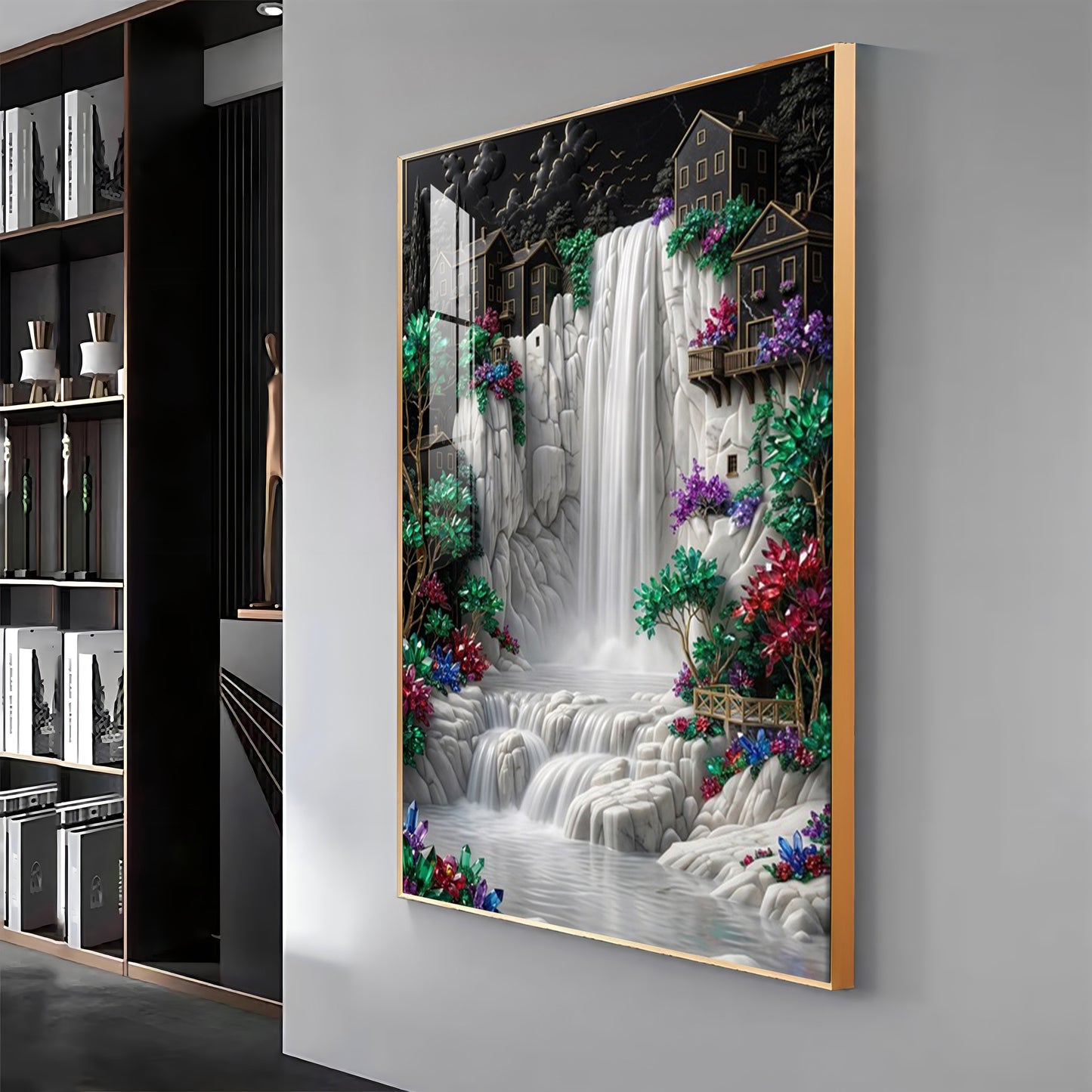 Waterfall Surrounded By Houses Premium Acrylic Vertical Wall Art
