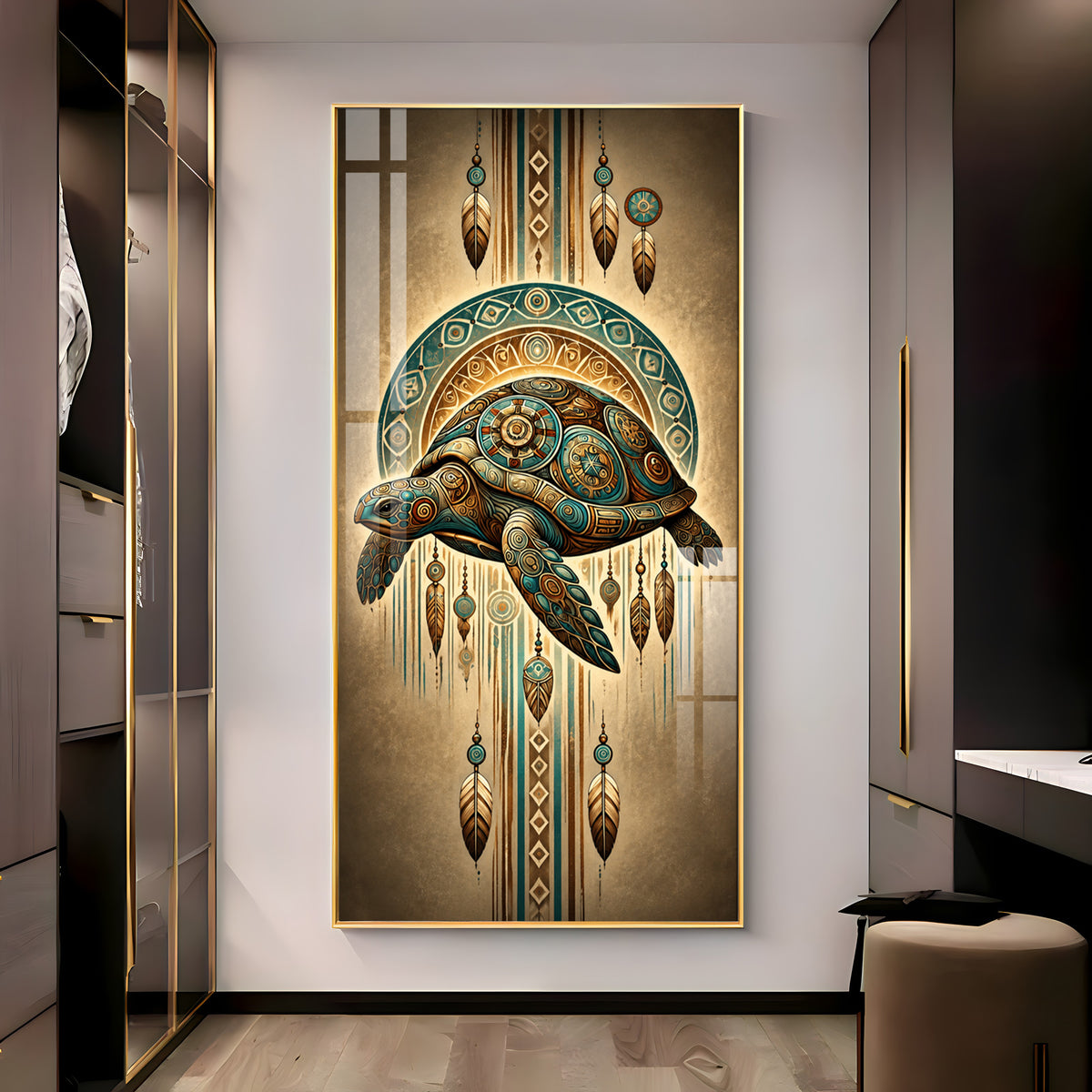 Tribal Patterned Sea Turtle & Feathers Premium Acrylic Vertical Wall Art