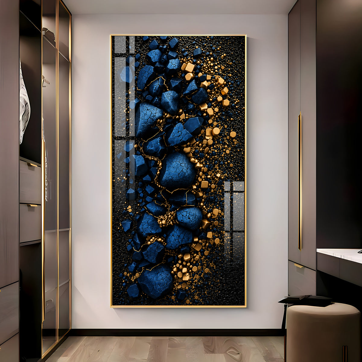 Deep Blue Cracked Rock with Gold Dust Premium Acrylic Vertical Wall Art