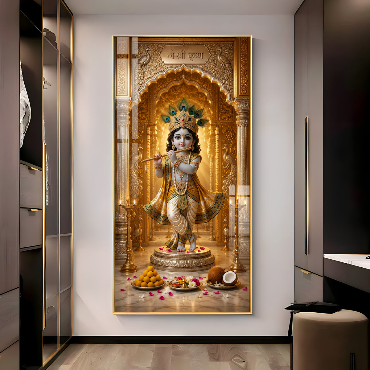 Little Krishna Playing Bansuri Premium Acrylic Vertical Wall Art