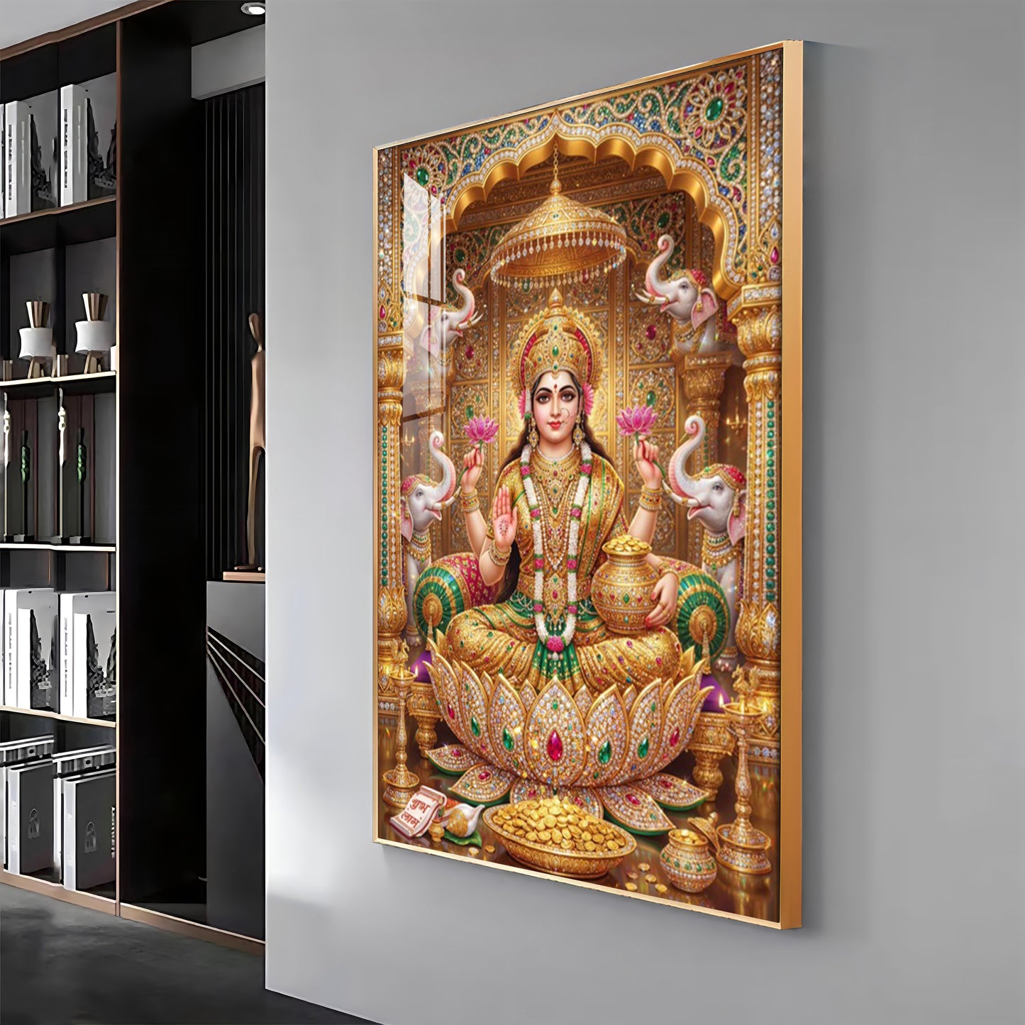 Goddess Lakshmi Seated On A Lotus Throne Premium Acrylic Vertical Wall Art