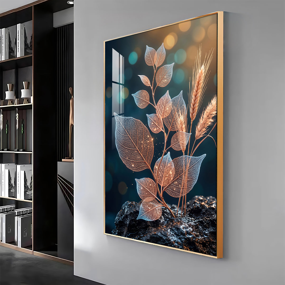 Glowing Vein Leaf & Wheat Premium Acrylic Vertical Wall Art
