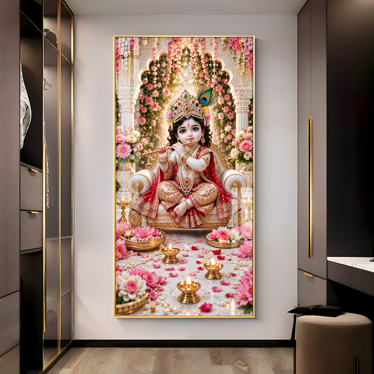 Little Krishna On Royal Chair Premium Acrylic Vertical Wall Art
