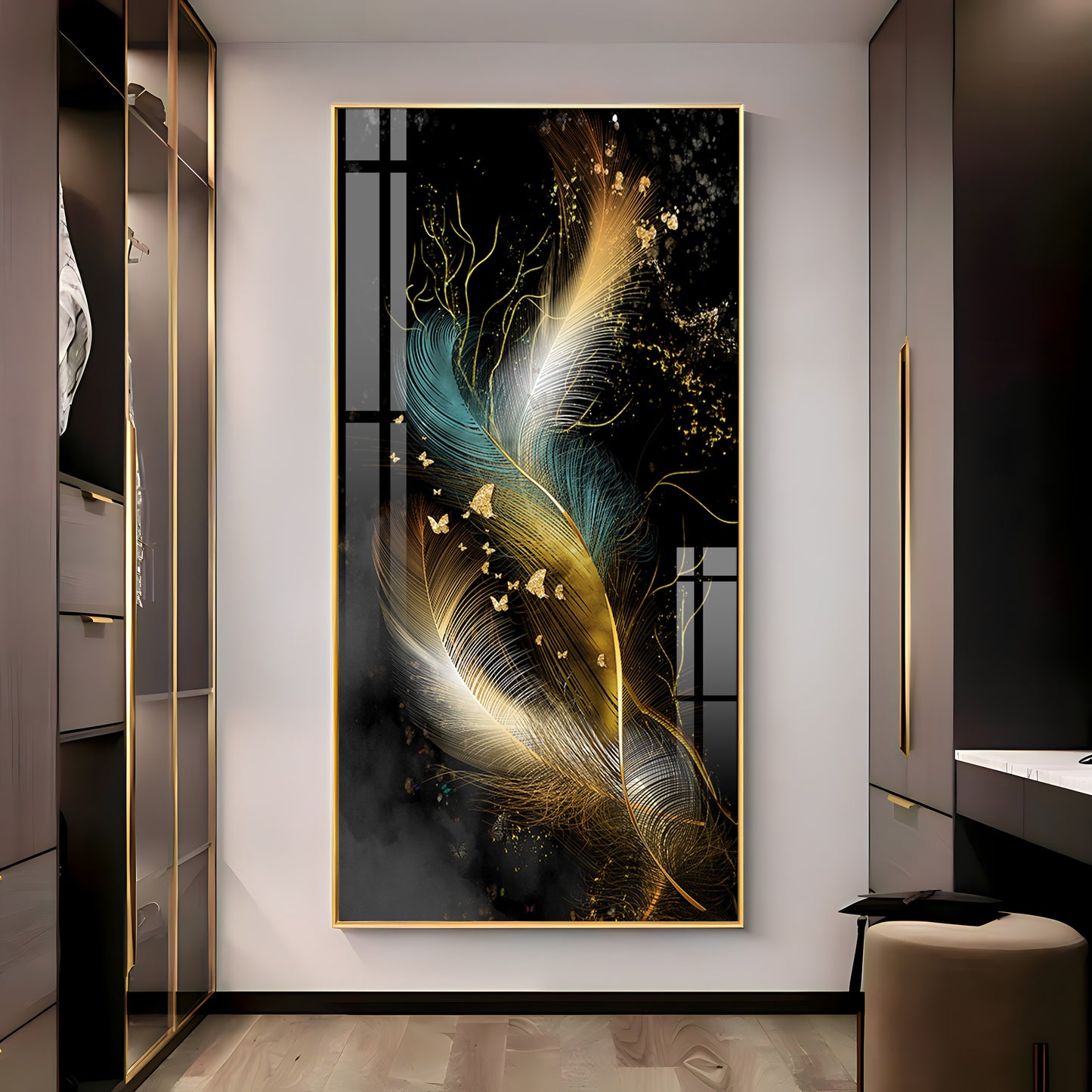 Abstract Golden & White Feathers Premium Acrylic Vertical Wall Art