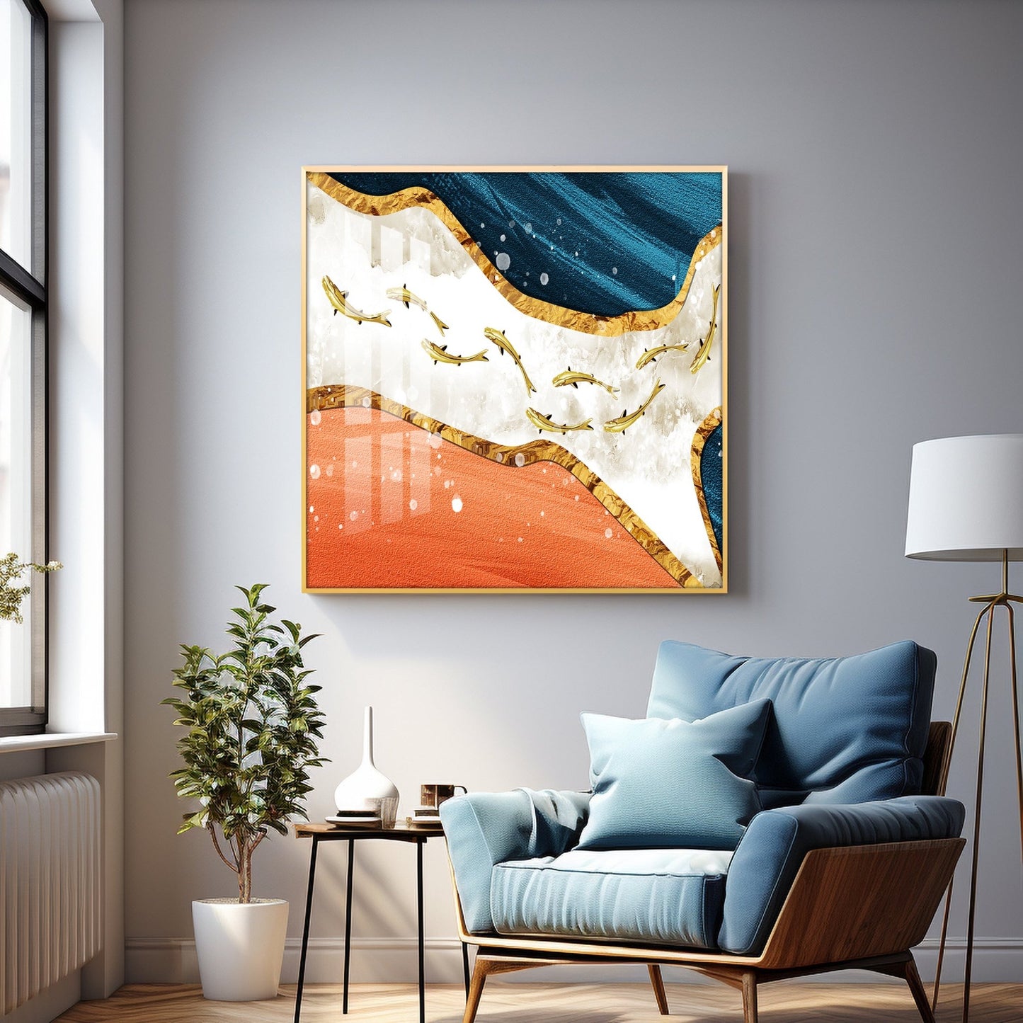 Golden Koi Fishes Swimming Luxury Crystal Square Wall Art - The Next Decor