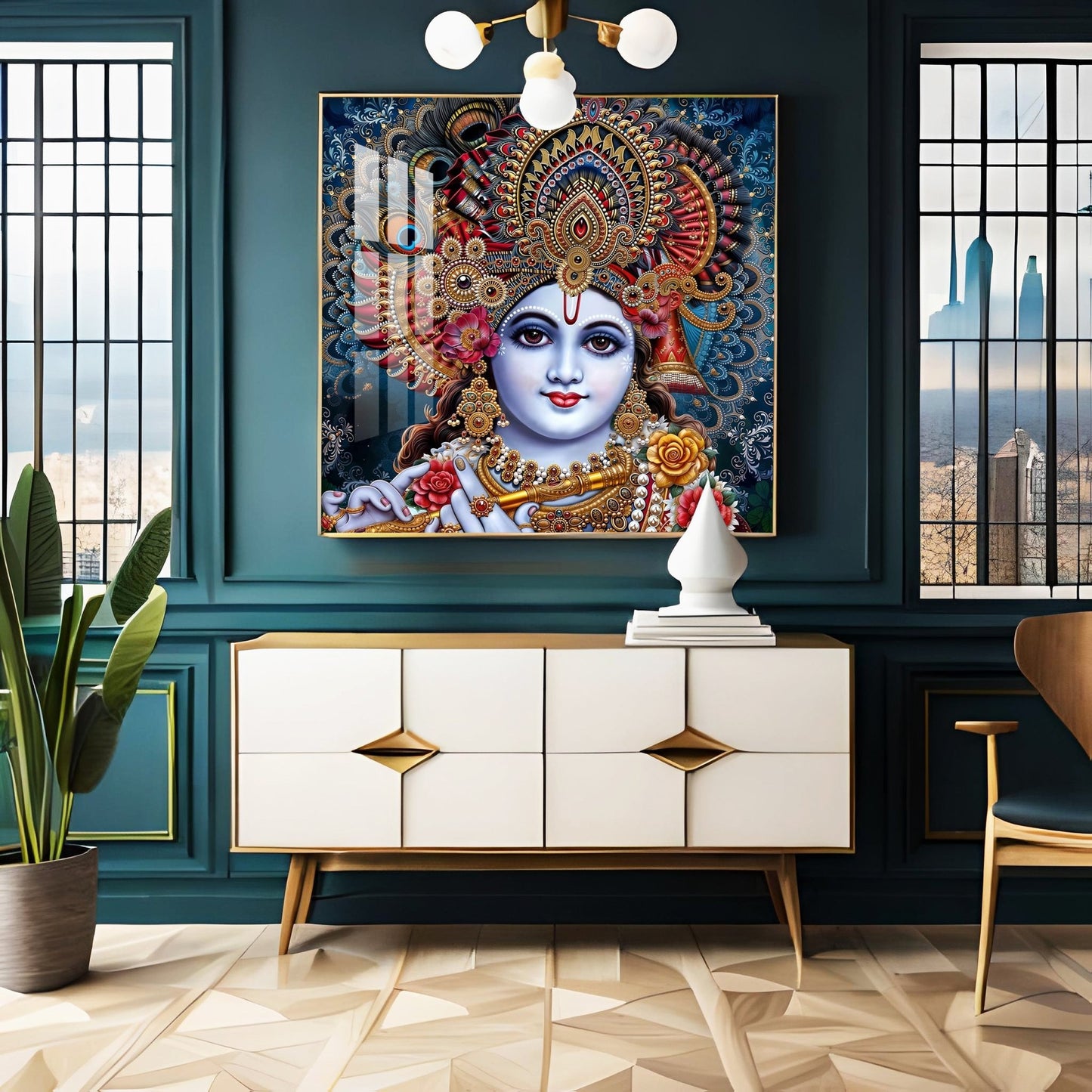 Shri Krishna With Bansuri Premium Acrylic Square Wall Art - The Next Decor