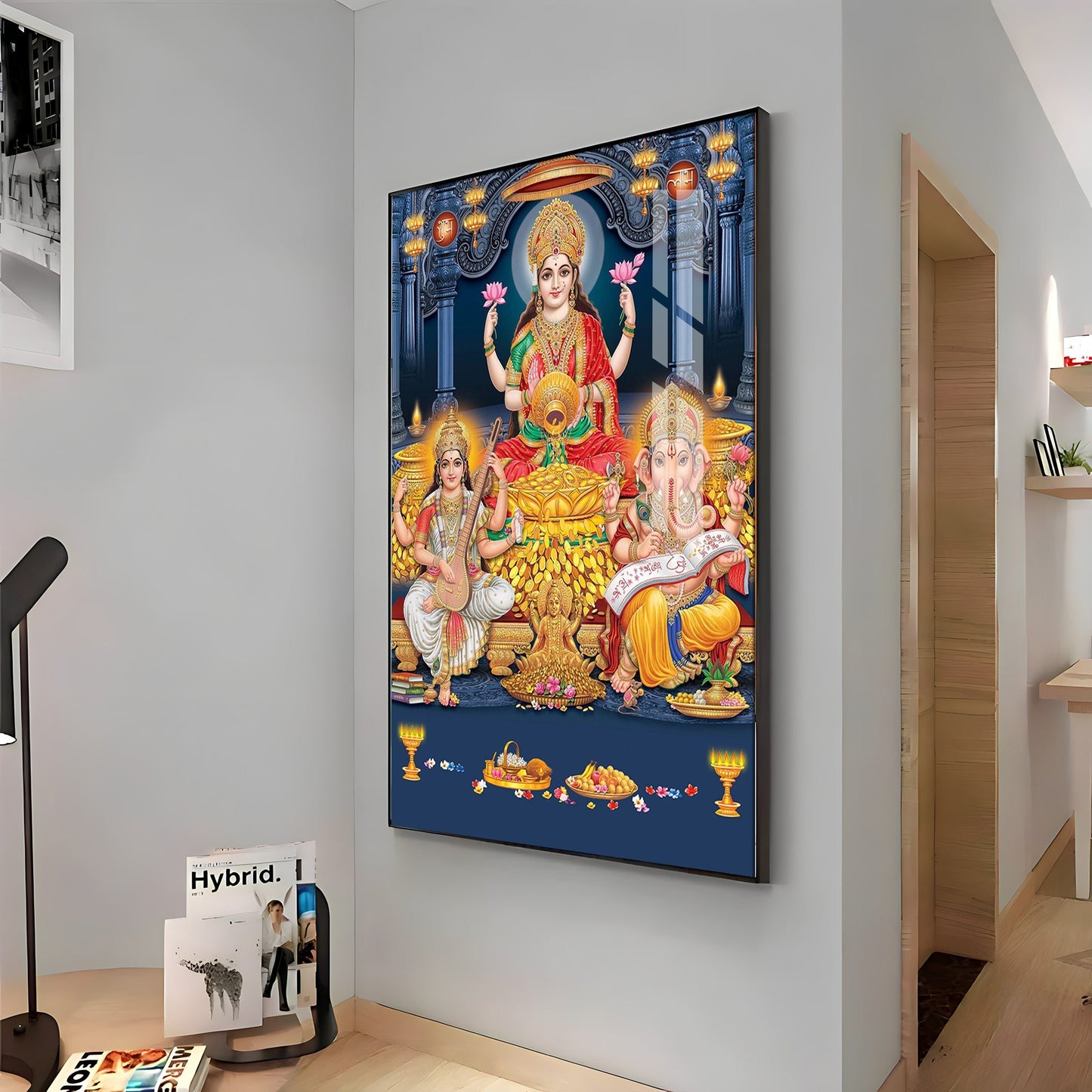 Spiritual Laxmi Ji With Flower Premium Acrylic Vertical Wall Art - The Next Decor