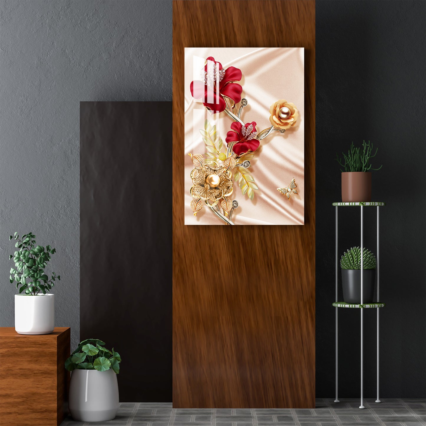Red & Golden Flowers Acrylic Wall Art